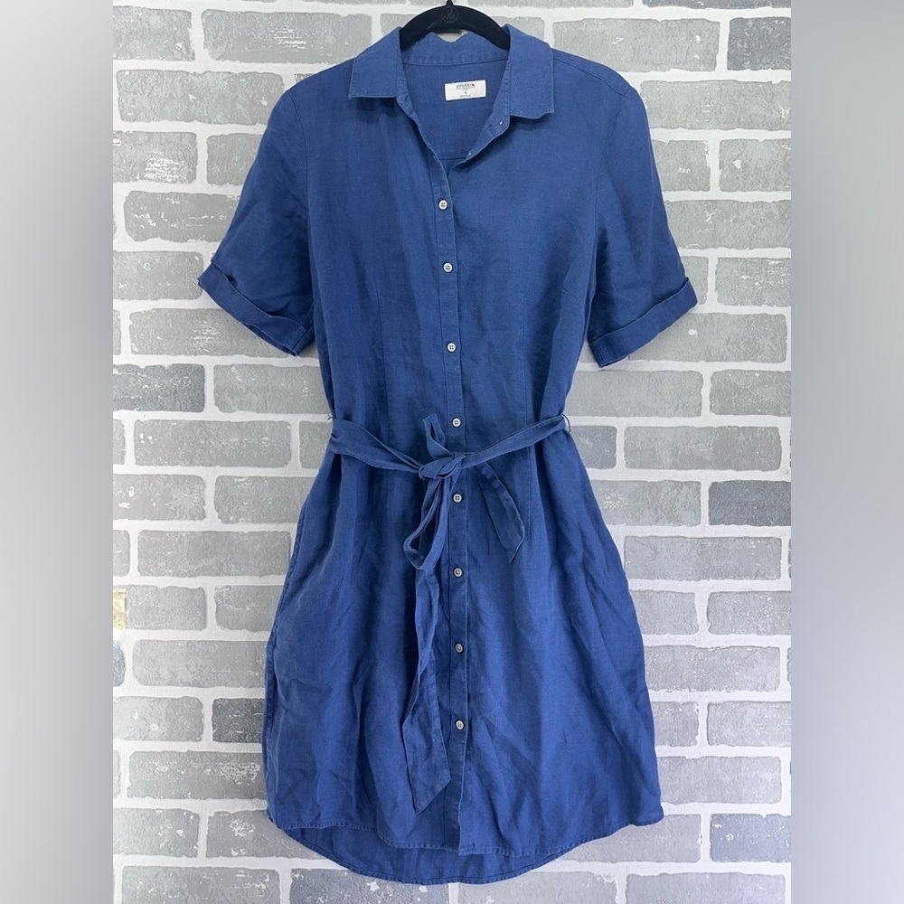 Untuckit Nancy Shirt Dress Short Sleeve Blue Linen Mini Shift Tie Navy Size 4